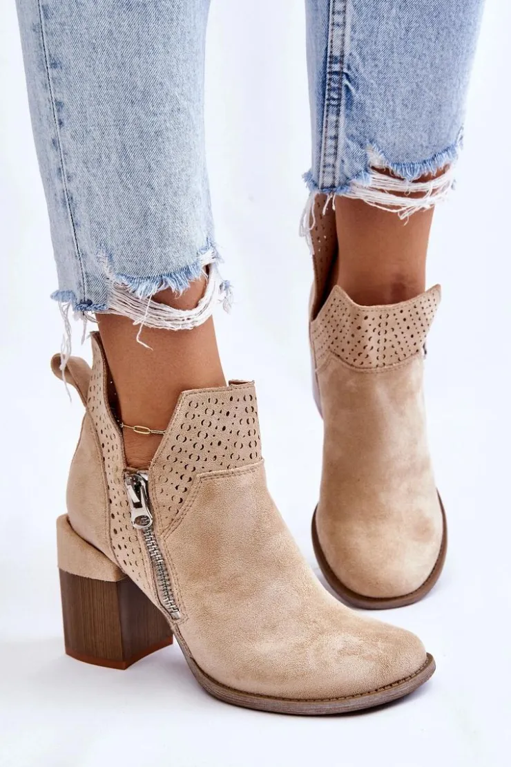 Boto Botki Wiosenne|Botki Na Słupku*Zamszowe Botki Na Masywnym Obcasie Jasnobeżowe Camden