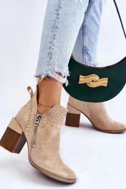 Boto Botki Wiosenne|Botki Na Słupku*Zamszowe Botki Na Masywnym Obcasie Jasnobeżowe Camden
