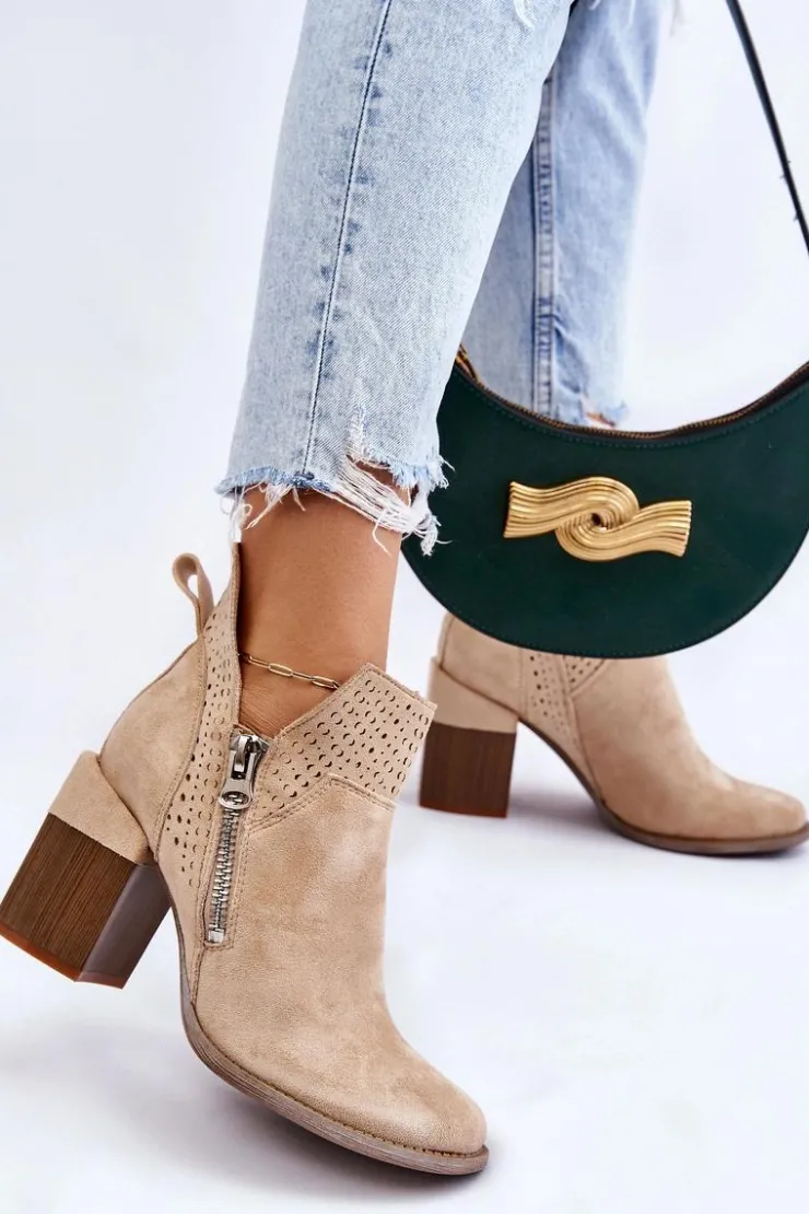 Boto Botki Wiosenne|Botki Na Słupku*Zamszowe Botki Na Masywnym Obcasie Jasnobeżowe Camden
