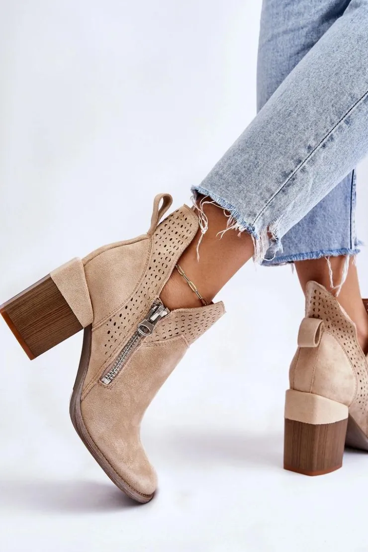 Boto Botki Wiosenne|Botki Na Słupku*Zamszowe Botki Na Masywnym Obcasie Jasnobeżowe Camden