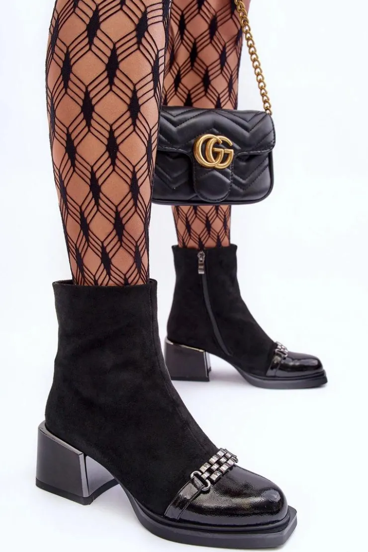 Damskie buty S.Barski Botki Zimowe Damskie|Botki Na Obcasie*Zamszowe Botki Na Masywnym Klocku S.Barski MR870-70 Czarne