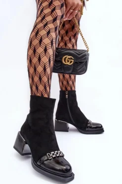 Damskie buty S.Barski Botki Zimowe Damskie|Botki Na Obcasie*Zamszowe Botki Na Masywnym Klocku S.Barski MR870-70 Czarne