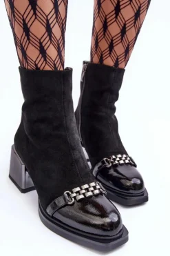 Damskie buty S.Barski Botki Zimowe Damskie|Botki Na Obcasie*Zamszowe Botki Na Masywnym Klocku S.Barski MR870-70 Czarne