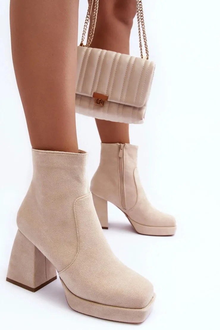 Damskie Boto Zamszowe Botki Na Masywnym Obcasie Jasnobeżowe Abnous