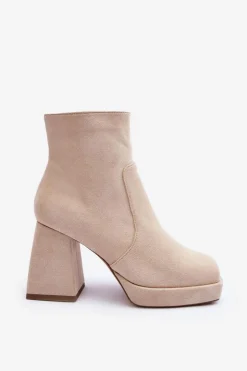 Damskie Boto Zamszowe Botki Na Masywnym Obcasie Jasnobeżowe Abnous