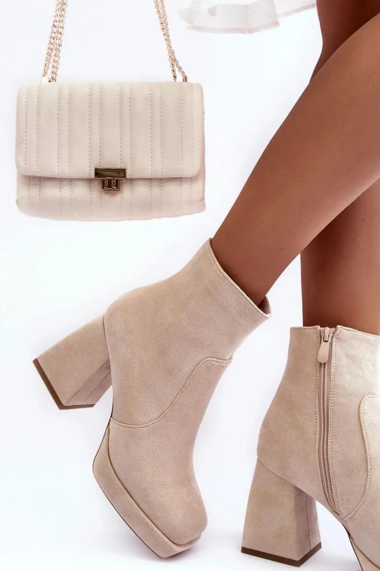 Damskie Boto Zamszowe Botki Na Masywnym Obcasie Jasnobeżowe Abnous