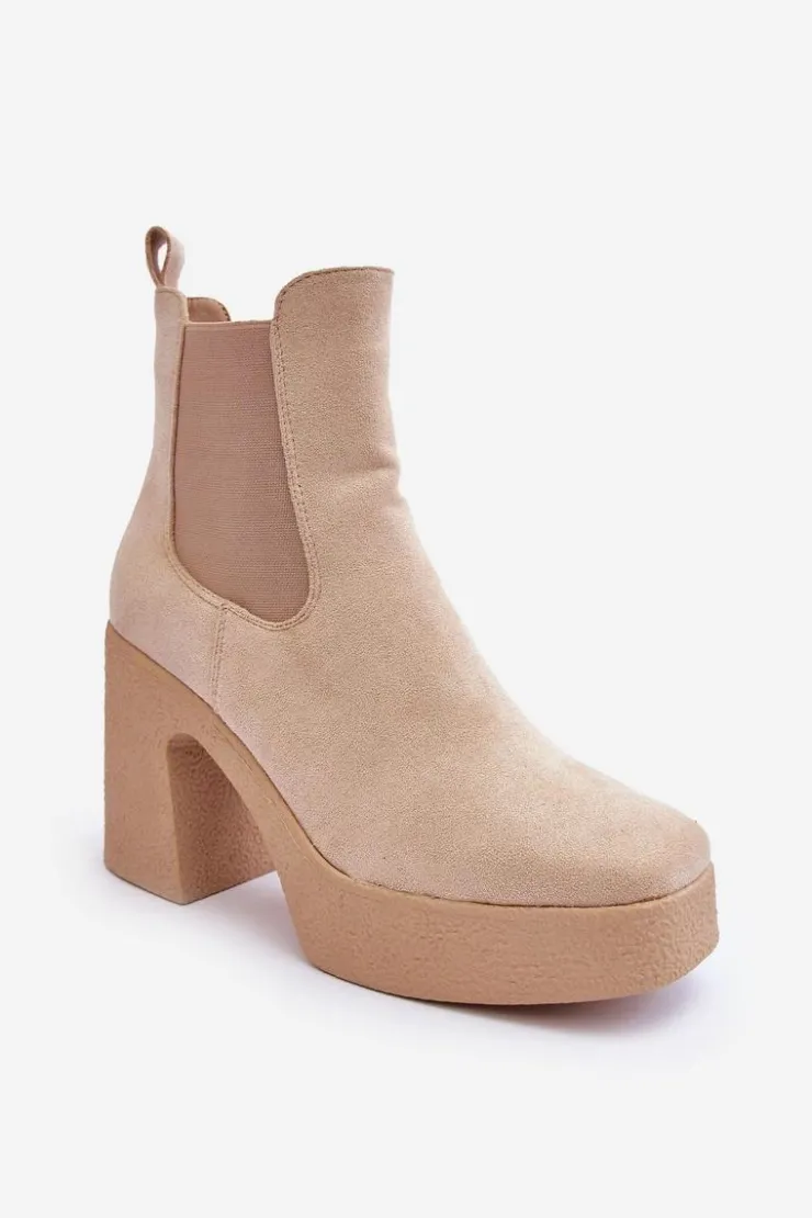 Damskie Boto Zamszowe Botki Na Masywnym Słupku Beżowe Sunilda