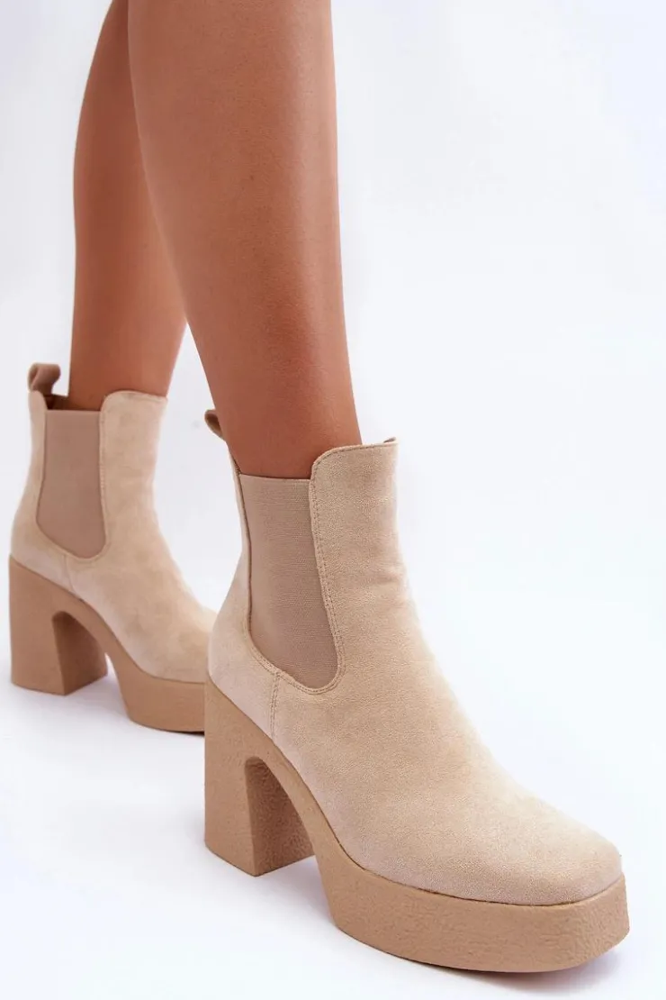 Damskie Boto Zamszowe Botki Na Masywnym Słupku Beżowe Sunilda