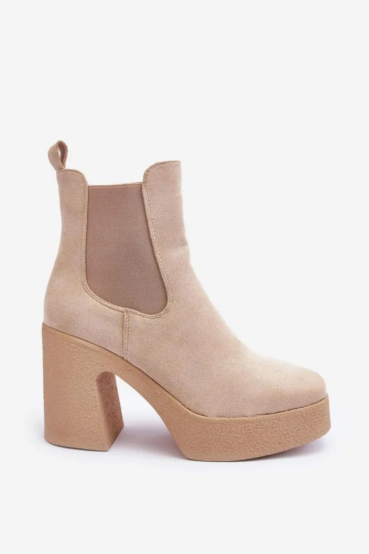 Damskie Boto Zamszowe Botki Na Masywnym Słupku Beżowe Sunilda