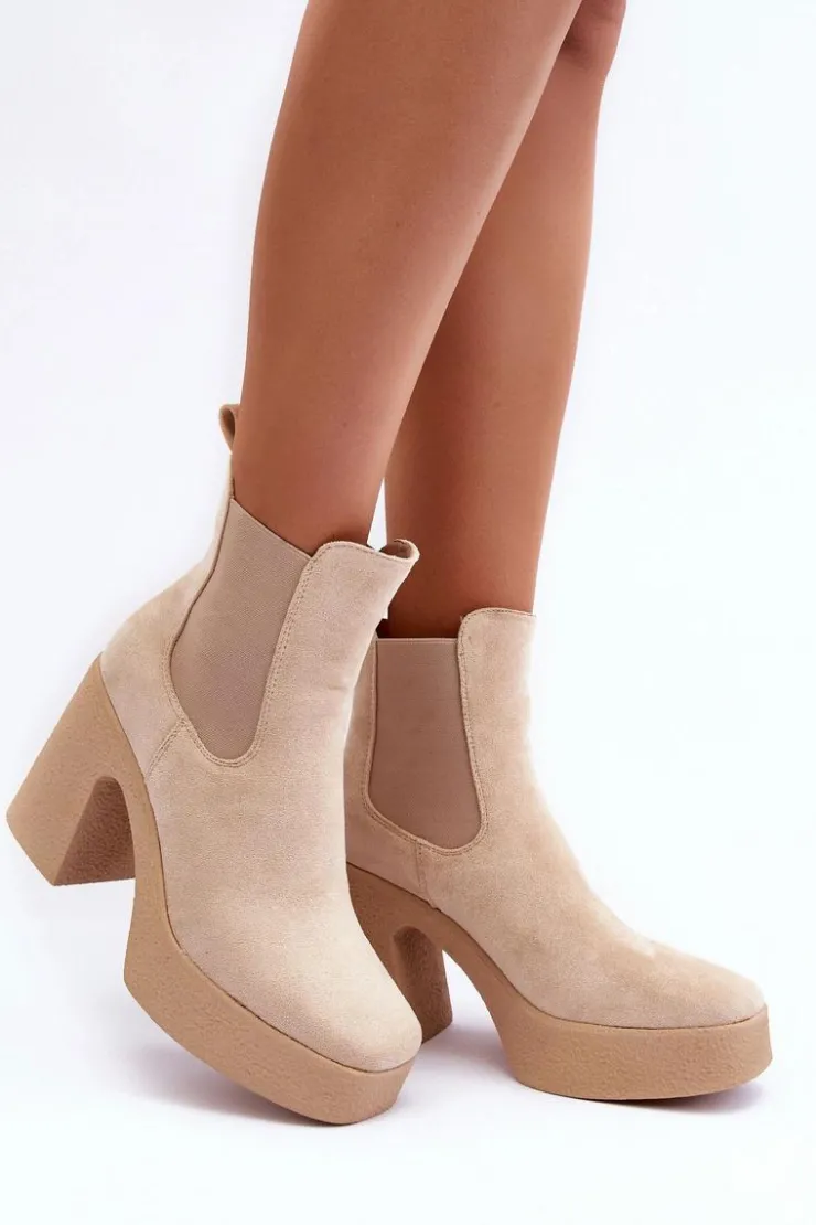 Damskie Boto Zamszowe Botki Na Masywnym Słupku Beżowe Sunilda