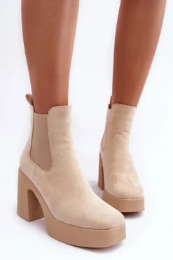 Damskie Boto Zamszowe Botki Na Masywnym Słupku Beżowe Sunilda