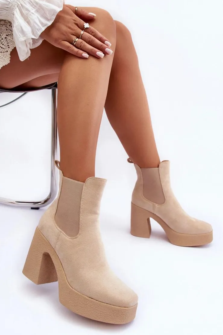 Damskie Boto Zamszowe Botki Na Masywnym Słupku Beżowe Sunilda