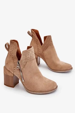 Damskie Boto Zamszowe Botki Na Masywnym Obcasie Beżowe Camden