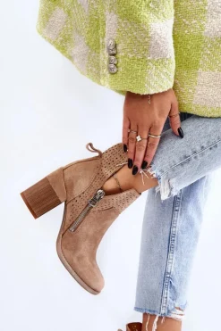 Damskie Boto Zamszowe Botki Na Masywnym Obcasie Beżowe Camden