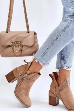 Damskie Boto Zamszowe Botki Na Masywnym Obcasie Beżowe Camden