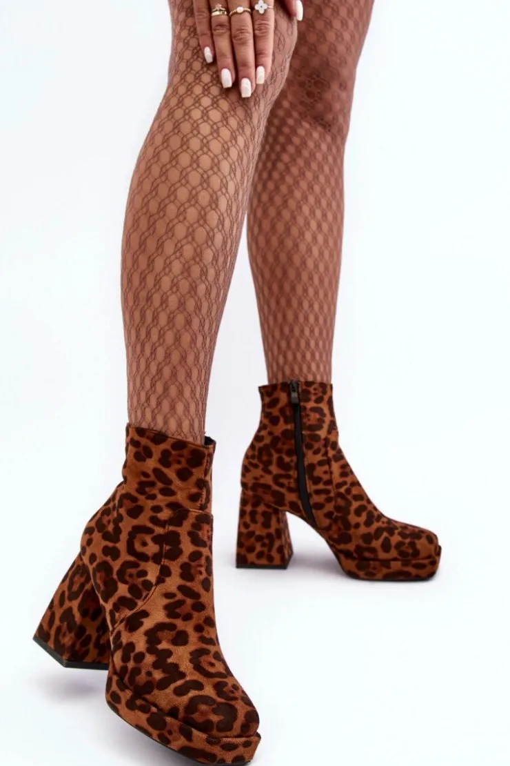 Boto Botki Na Słupku|Brązowe I Beżowe Botki*Zamszowe Botki Na Masywnym Obcasie Zwierzęcy Wzór Brązowe Abnous