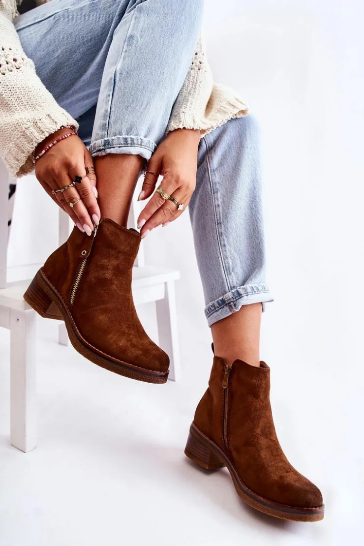 Damskie Boto Zamszowe Botki Na Niskim Słupku Brązowe Laurisa