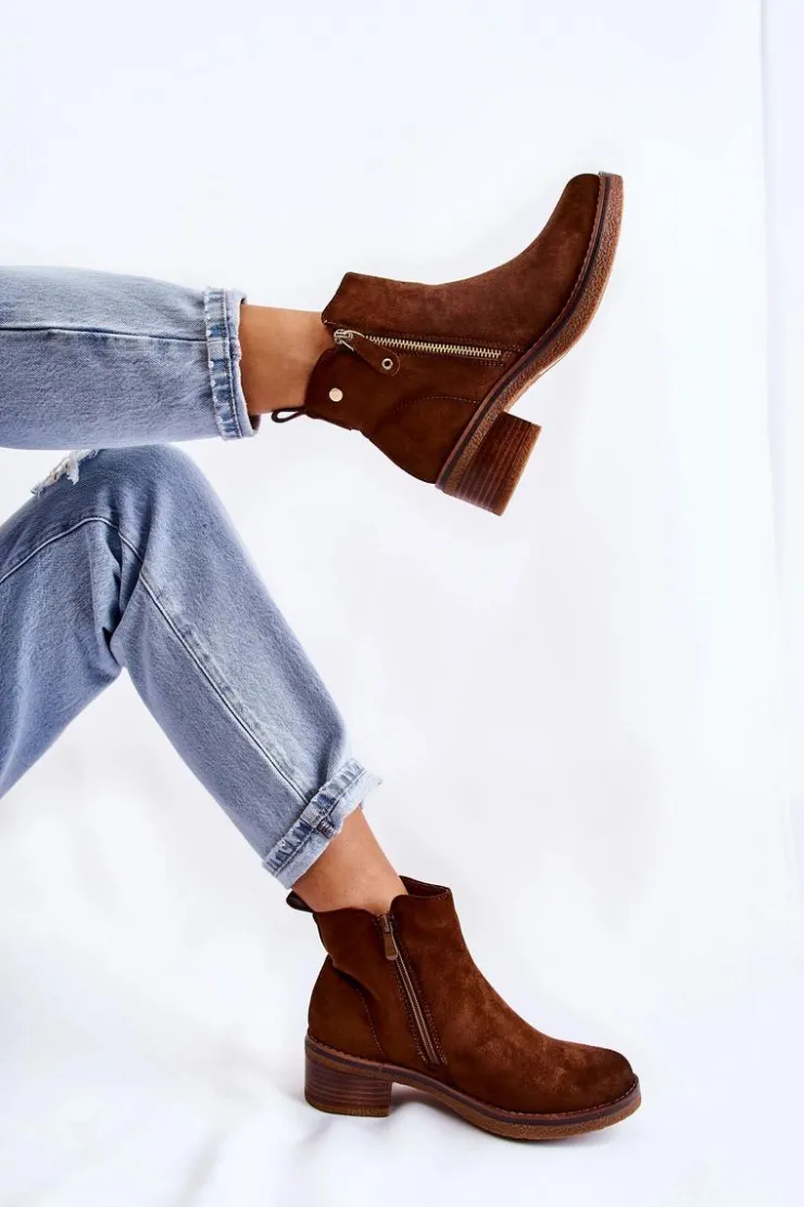 Damskie Boto Zamszowe Botki Na Niskim Słupku Brązowe Laurisa