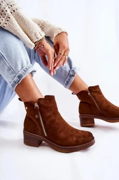 Damskie Boto Zamszowe Botki Na Niskim Słupku Brązowe Laurisa