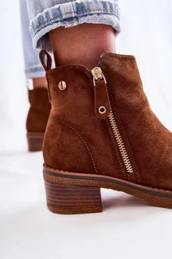 Damskie Boto Zamszowe Botki Na Niskim Słupku Brązowe Laurisa