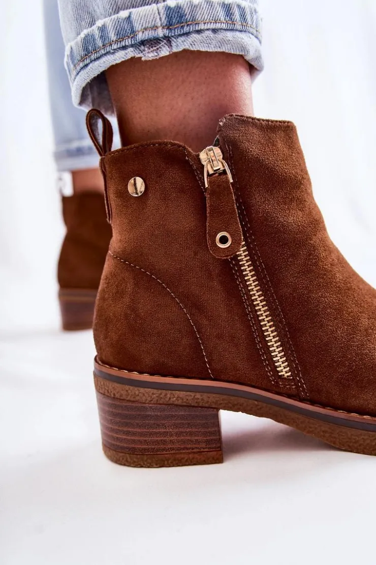 Damskie Boto Zamszowe Botki Na Niskim Słupku Brązowe Laurisa