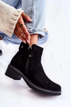 Boto Botki Na Słupku|Czarne Botki*Zamszowe Botki Na Niskim Słupku Czarne Laurisa