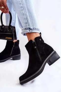 Boto Botki Na Słupku|Czarne Botki*Zamszowe Botki Na Niskim Słupku Czarne Laurisa