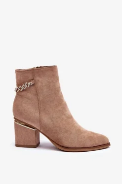 Hot Boto Zamszowe Botki Na Obcasie Z Biżuteryjną Ozdobą Ciemnobeżowe Jadirel