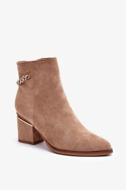 Hot Boto Zamszowe Botki Na Obcasie Z Biżuteryjną Ozdobą Ciemnobeżowe Jadirel