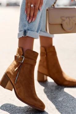 Damskie Boto Zamszowe Botki Na Obcasie Z Klamrą Brązowe Bronte