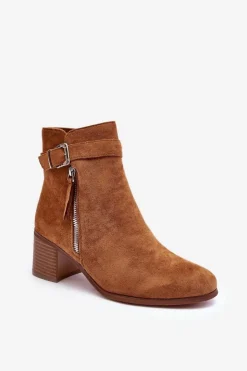 Damskie Boto Zamszowe Botki Na Obcasie Z Klamrą Brązowe Bronte
