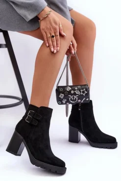 Damskie Boto Zamszowe Botki Na Obcasie Czarne Makeline