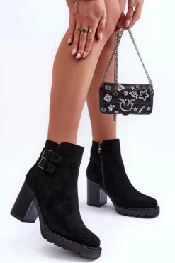 Damskie Boto Zamszowe Botki Na Obcasie Czarne Makeline