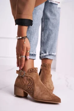 Discount Boto Zamszowe Botki Na Obcasie Z Klamrą Camel Esen