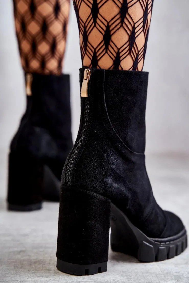 Boto Damskie Trapery|Botki Skórzane*Zamszowe Botki Na Obcasie Czarne Elia Czarny