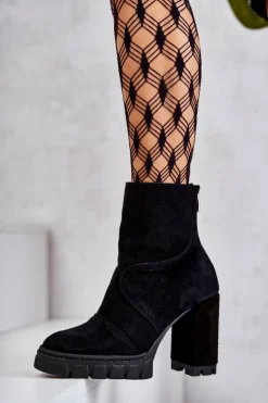 Boto Damskie Trapery|Botki Skórzane*Zamszowe Botki Na Obcasie Czarne Elia Czarny