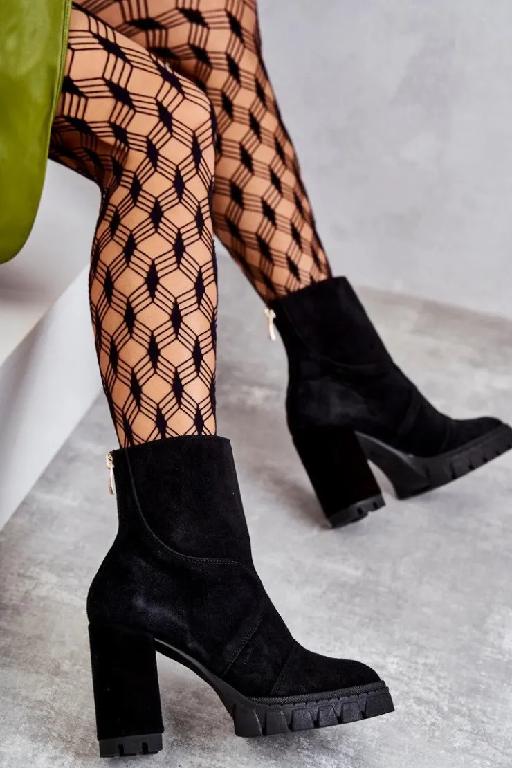 Boto Damskie Trapery|Botki Skórzane*Zamszowe Botki Na Obcasie Czarne Elia Czarny