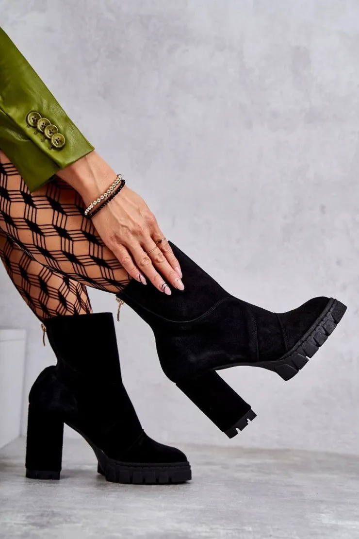 Boto Damskie Trapery|Botki Skórzane*Zamszowe Botki Na Obcasie Czarne Elia Czarny