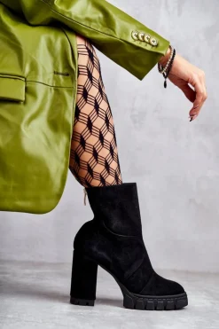 Boto Damskie Trapery|Botki Skórzane*Zamszowe Botki Na Obcasie Czarne Elia Czarny