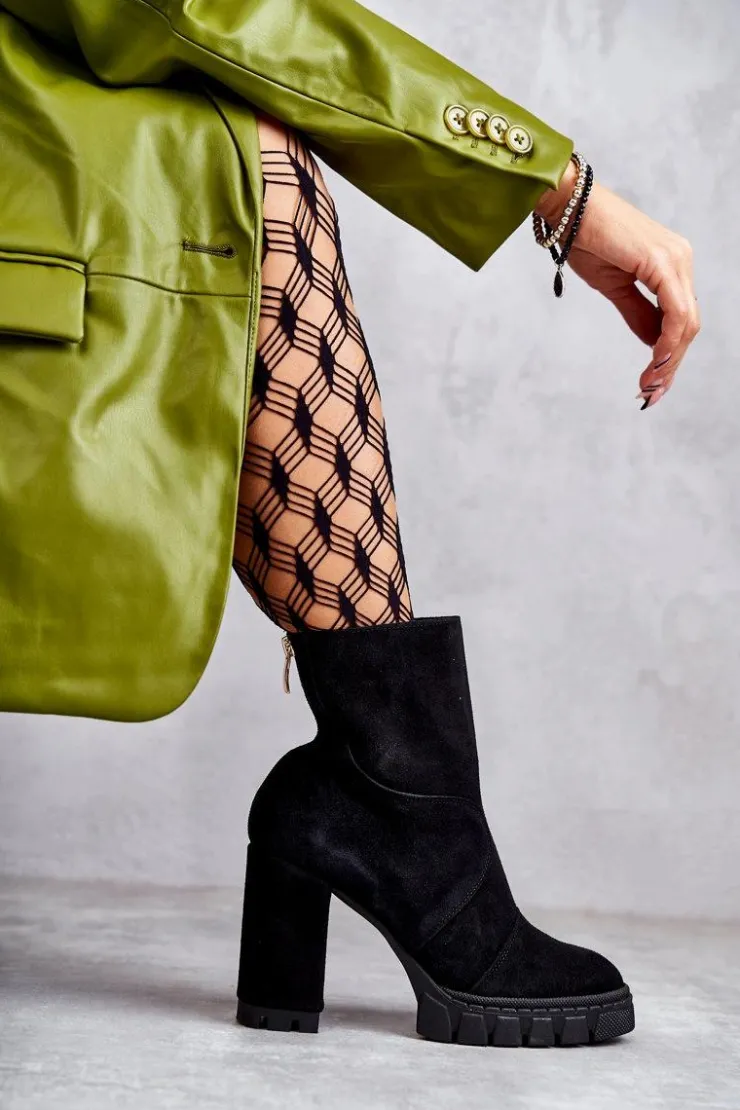 Boto Damskie Trapery|Botki Skórzane*Zamszowe Botki Na Obcasie Czarne Elia Czarny