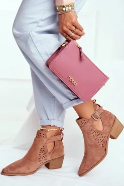 Discount Boto Zamszowe Botki Na Obcasie Z Klamrą Różowe Esen