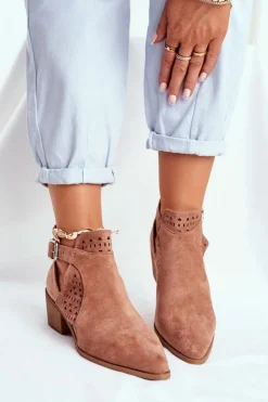 Discount Boto Zamszowe Botki Na Obcasie Z Klamrą Różowe Esen