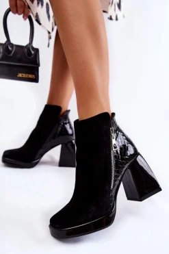 Outlet Boto Zamszowe Botki Na Obcasie Geometryczny Wzór Czarne Alienore Czarny