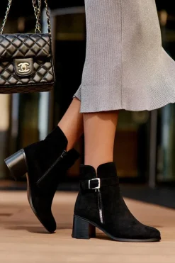 Boto Botki Ocieplane|Czarne Botki*Zamszowe Botki Na Obcasie Z Klamrą Czarne Bronte