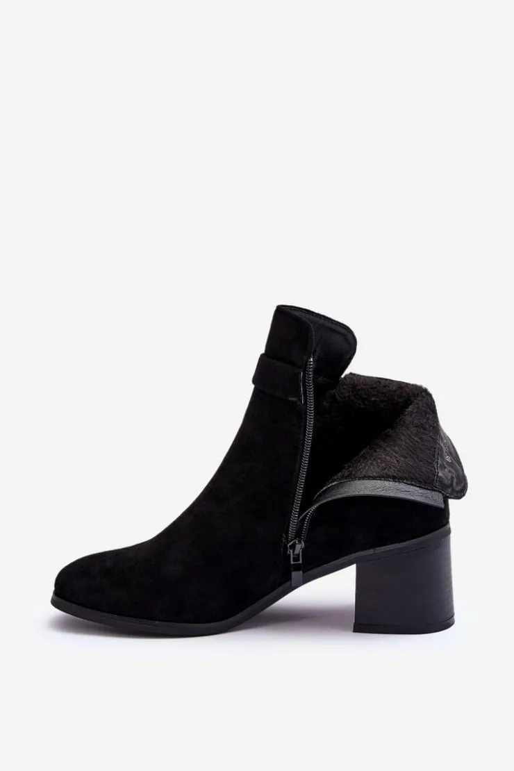 Boto Botki Ocieplane|Czarne Botki*Zamszowe Botki Na Obcasie Z Klamrą Czarne Bronte