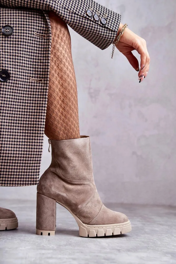 Discount Boto Zamszowe Botki Na Obcasie Beżowe Elia