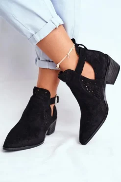 Boto Botki Wiosenne|Botki Na Słupku*Zamszowe Botki Na Obcasie Z Klamrą Czarne Esen