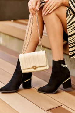 Boto Czarne Botki|Botki Na Obcasie*Zamszowe Botki Na Obcasie Z Biżuteryjną Ozdobą Czarne Jadirel