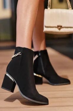 Boto Czarne Botki|Botki Na Obcasie*Zamszowe Botki Na Obcasie Z Biżuteryjną Ozdobą Czarne Jadirel