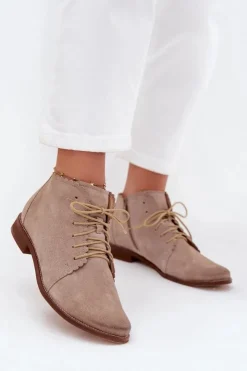 Nobo Botki Skórzane|Botki Sznurowane*Zamszowe Botki Na Płaskim Obcasie Cappuccino Zazoo 4078 Beżowy